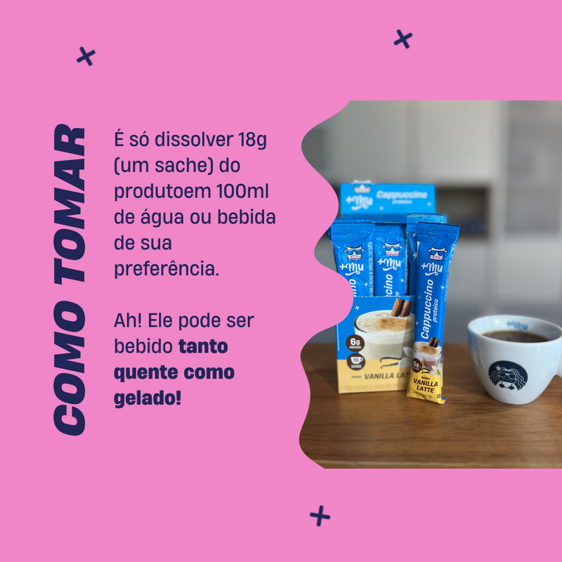Cappuccino +Mu (com Whey) - Vanilla Latte - (10 sachês com 18g cada) - 180g