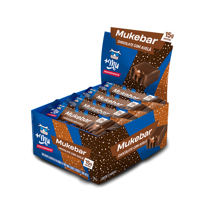 [Lançamento] Mukebar Chocolate com Avelã +Mu performance 15 g de Proteína - Caixa com 12 Unidades - 720g